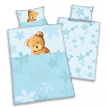 Wende- Kinderbettwäsche Carola Teddy & Blumen hellblau Linon 100 x 135 cm